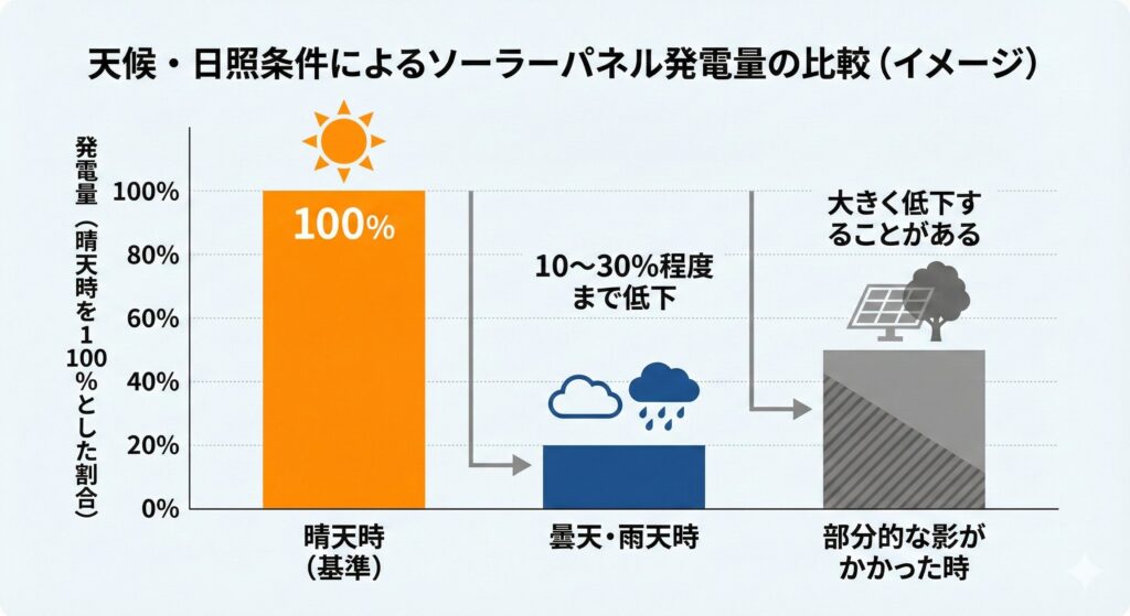 ソーラーパネルは曇天や雨天時は、発電量が晴天時の10〜30%程度まで落ち込みます。