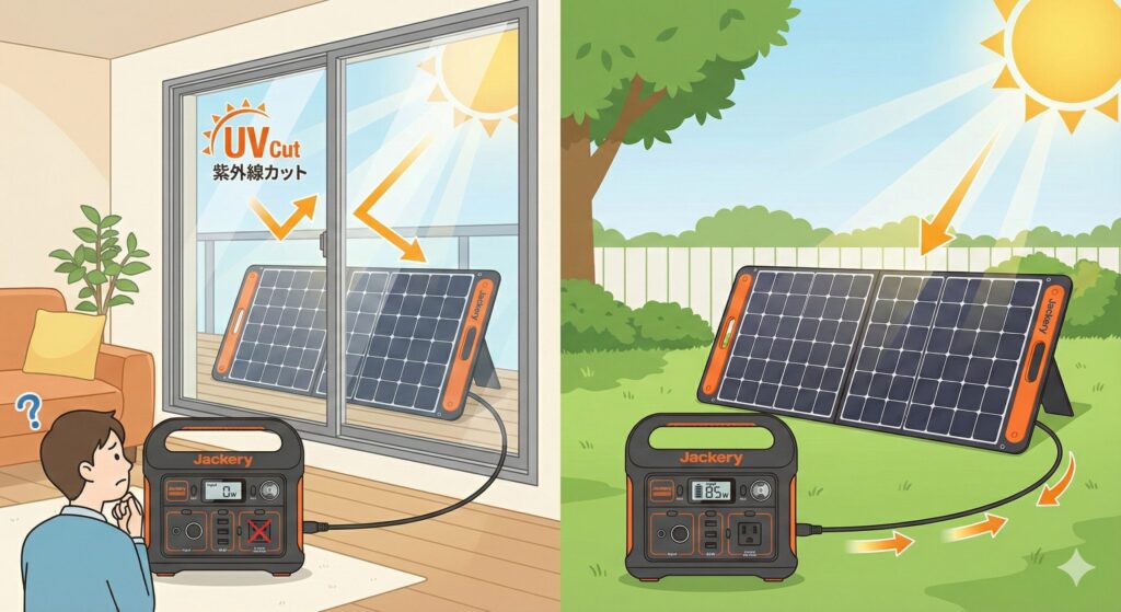 ソーラーパネルの設置環境が室内や車内の窓越しでは、ガラスが紫外線をカットされ発電できません。