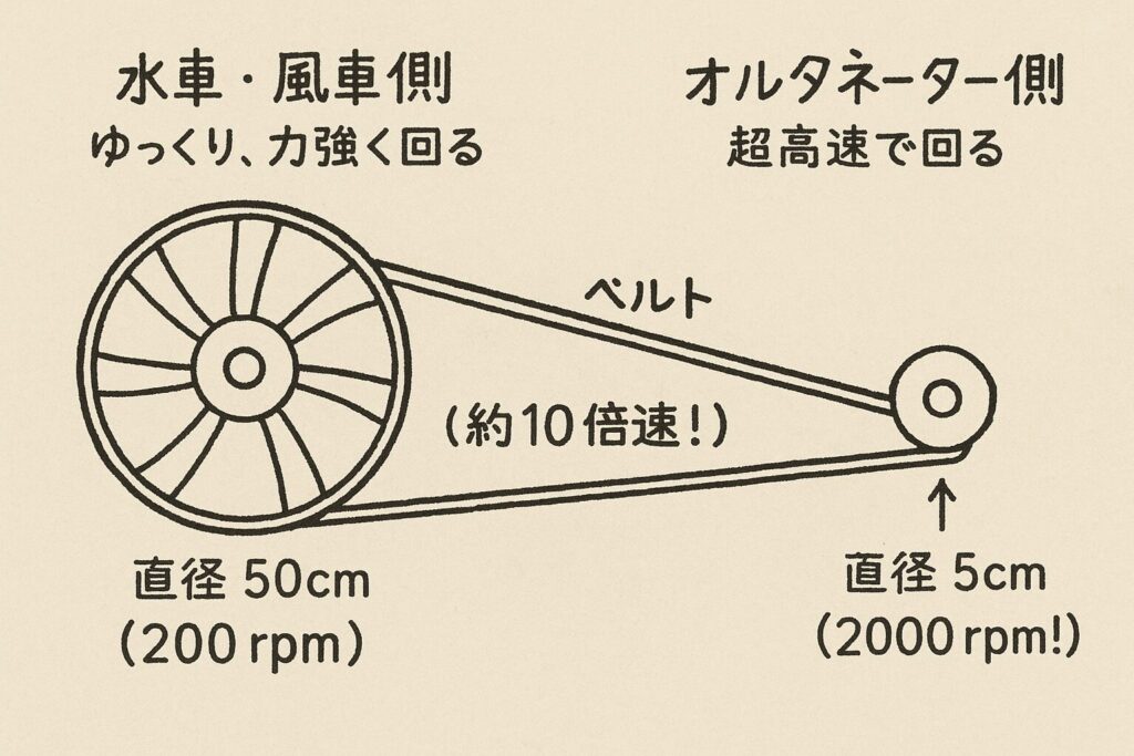 オルタネーターと水車、風車の回転数