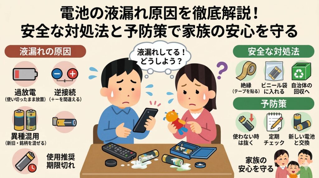 液漏れした電池と困っている人の画像