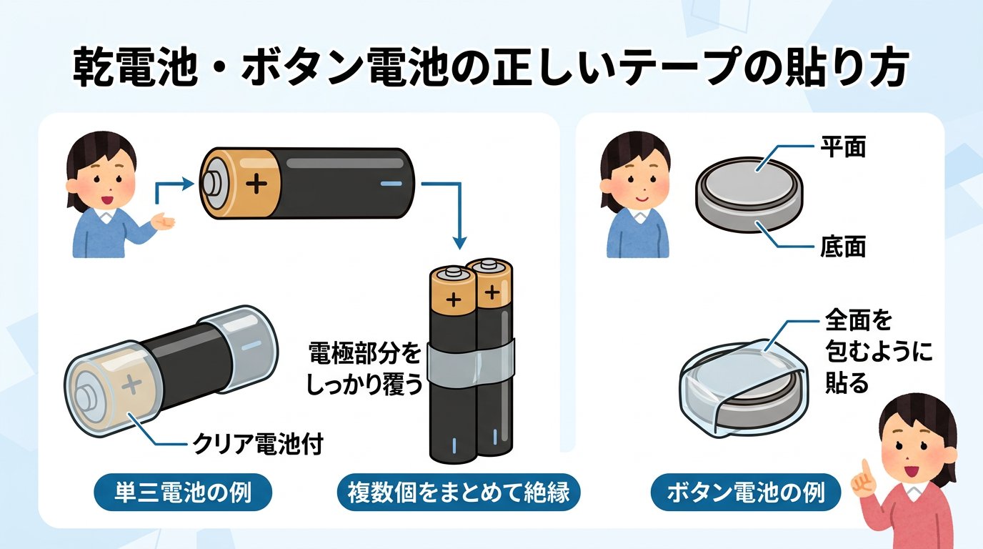 乾電池・ボタン電池の正しいテープの貼り方を説明する図解