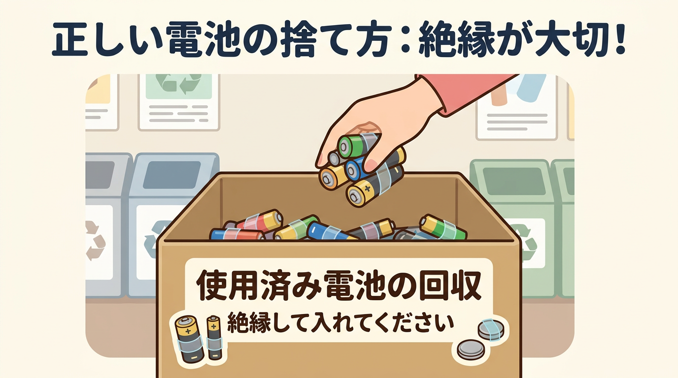 絶縁された電池が安全に専用のゴミ箱（または袋）に入れられている