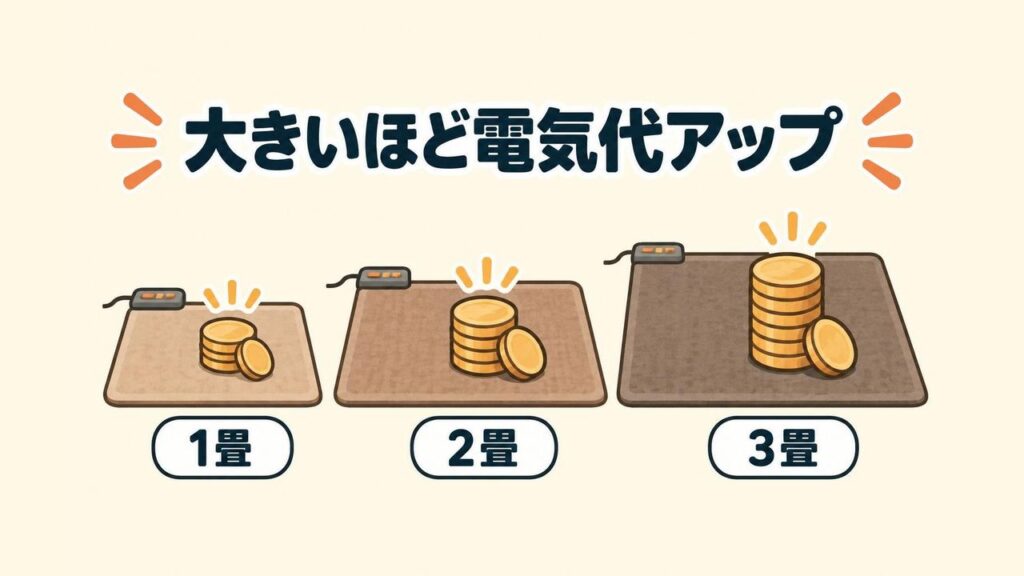 1畳・2畳・3畳のホットカーペットを並べ、大きいほど電気代が上がることを表したイラスト
