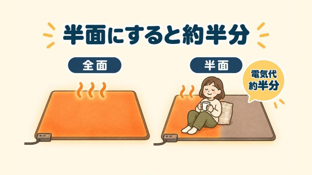 ホットカーペットの全面を温める場合と、人が座る半面だけを温める場合を左右に並べて比べたイラスト
