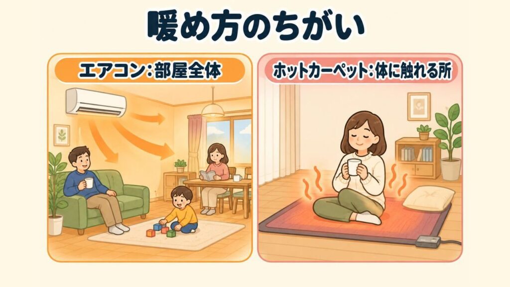 部屋全体の空気を暖めるエアコンと、床に触れている体を直接温めるホットカーペットの暖め方の違いを示したイラスト