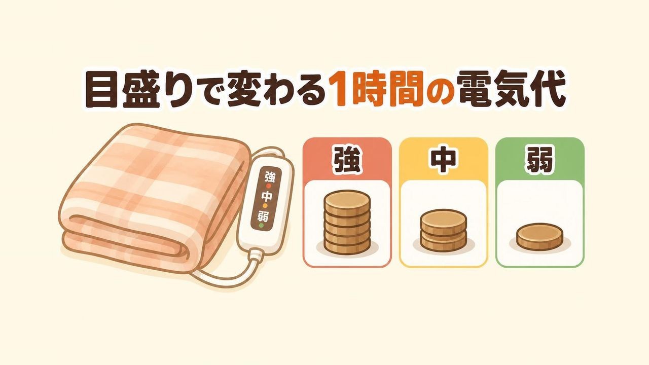 電気毛布の温度の目盛りを強から弱に下げるほど1時間あたりの電気代が安くなることを表した画像