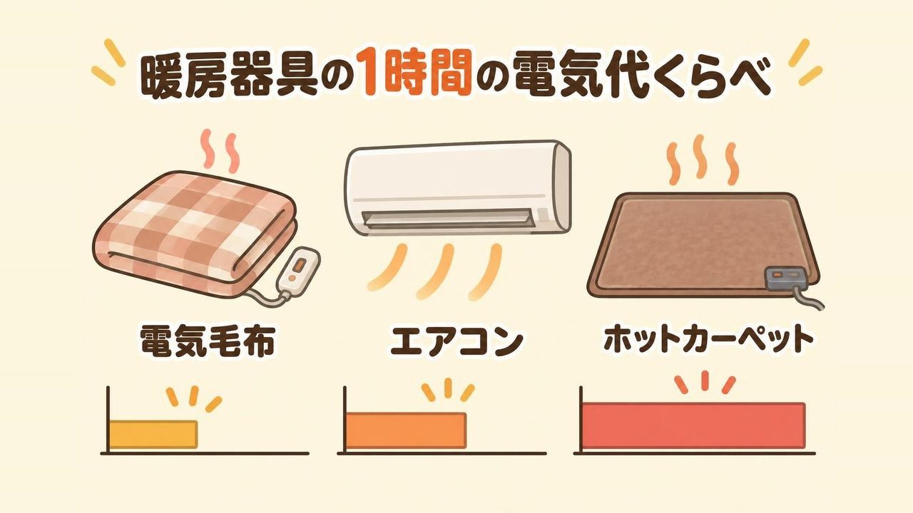 電気毛布・エアコン暖房・ホットカーペットの1時間あたりの電気代の大小を比べた画像