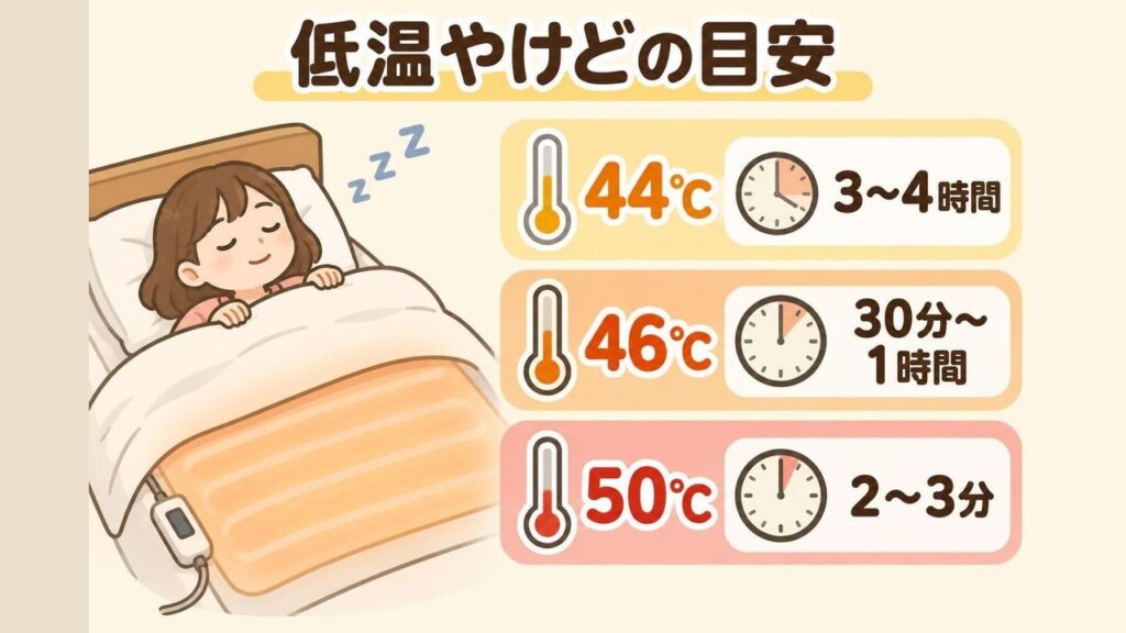 電気毛布の同じ場所に長時間触れていると、熱く感じない温度でも低温やけどになることを、温度と時間の目安とともに表した画像