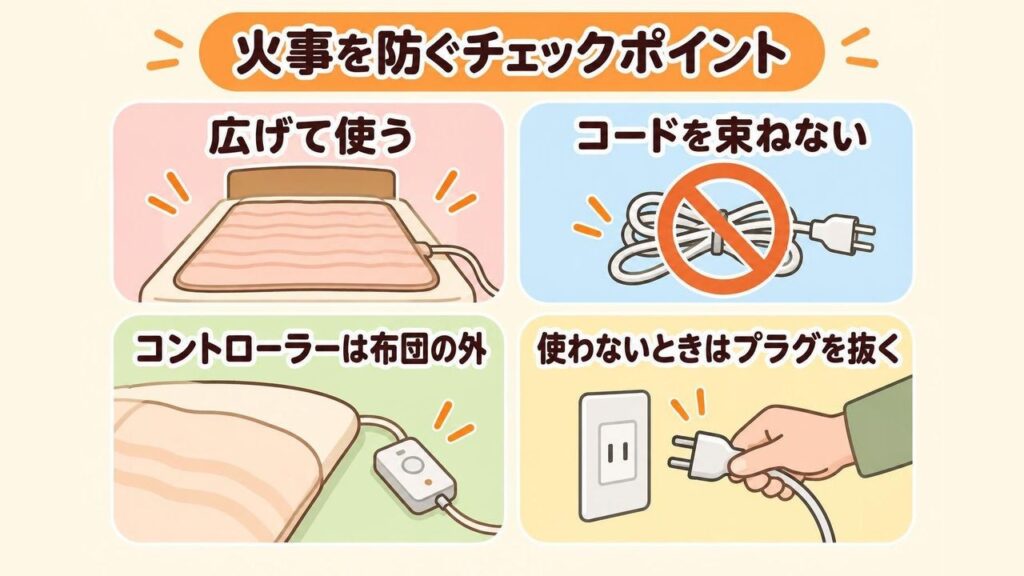 電気毛布を折りたたんだまま使わない・コードを束ねない・使わないときはプラグを抜くなど、火事を防ぐためのチェックポイントをまとめた画像