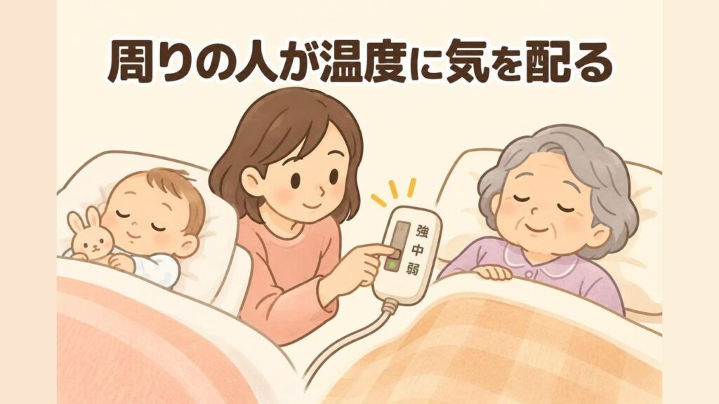 乳幼児や高齢者、自分で温度調節できない人が電気毛布を使うときは周りの人が温度に気を配る必要があることを表した画像