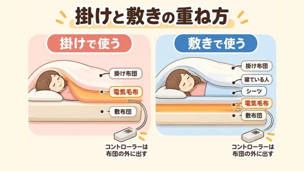 電気毛布を掛けで使う場合(敷布団・電気毛布・掛け布団の順)と敷きで使う場合(敷布団・電気毛布・シーツ・掛け布団の順)の重ね方を並べて比べた画像