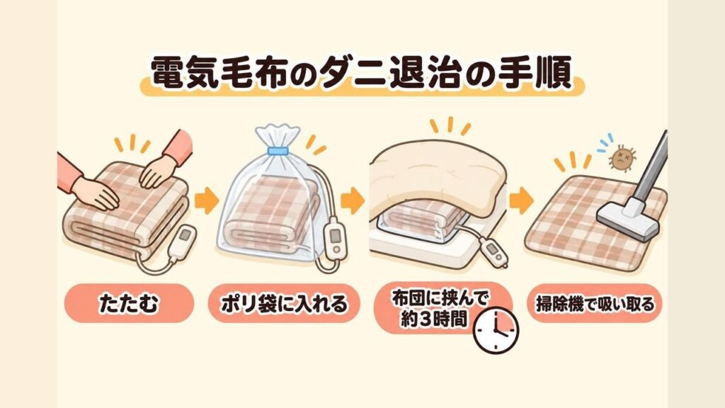 電気毛布を折りたたんでポリ袋に入れ、コントローラーを袋の外に出して布団に挟んで温め、最後に掃除機でダニの死骸を吸い取るまでの手順の画像