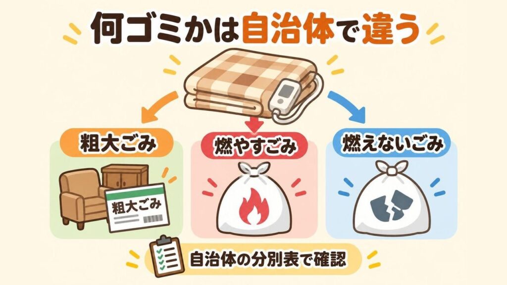 電気毛布の分別が自治体によって粗大ごみ・燃やすごみ・燃えないごみなどに分かれることを表した画像