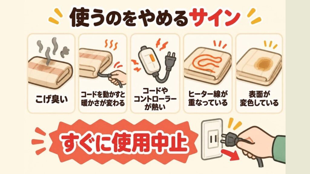 こげ臭いにおい・コードを動かすと暖かさが変わる・ヒーター線の重なりなど、電気毛布の使用をやめるべき故障のサインをチェックリストにした画像