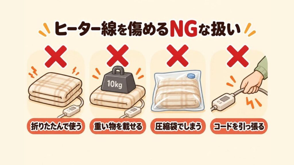 電気毛布を折りたたんだまま使う・重い物を載せる・圧縮袋でしまう・コードを引っ張るなど、ヒーター線やコードを傷めて故障の原因になる扱い方を並べた画像