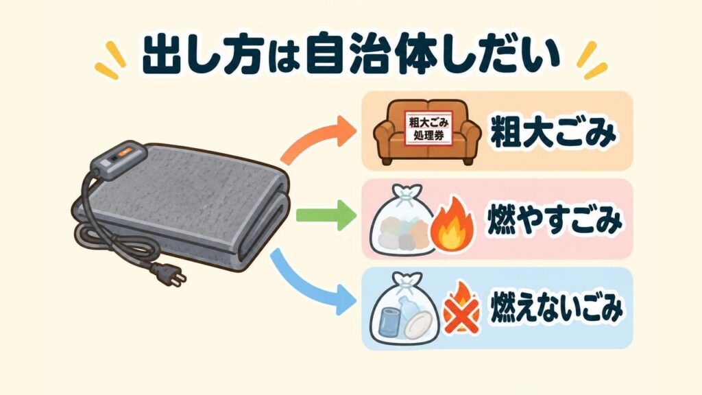 折りたたんだホットカーペットが、自治体によって粗大ごみ・燃やすごみ・燃えないごみの3つの出し方に分かれることを矢印で表した画像