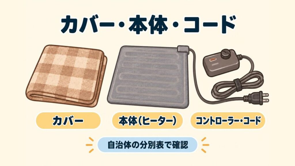 ホットカーペットをカバー(布)・ヒーター線の入った本体・コントローラーと電源コードの3つに分けて並べ、それぞれの出し方が自治体で違うことを表した画像