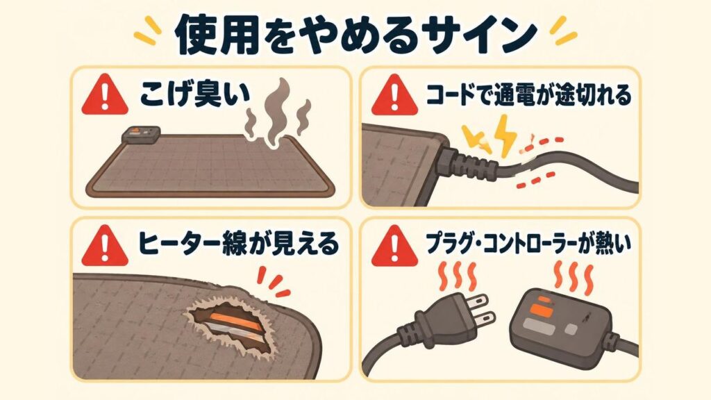 こげ臭いにおい・コードを動かすと通電したりしなかったりする・すり切れてヒーター線が見える・コントローラーやプラグが異常に熱いなど、ホットカーペットの使用をやめるべき故障のサインをチェックリストにした画像