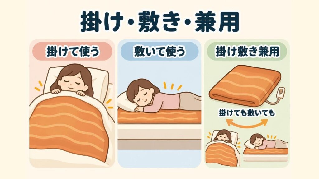 電気毛布の3つのタイプを並べたイラスト。体の上に掛ける「掛け」、敷布団の上に敷く「敷き」、どちらにも使える「掛け敷き兼用」の違いを、布団と人の断面図で示している