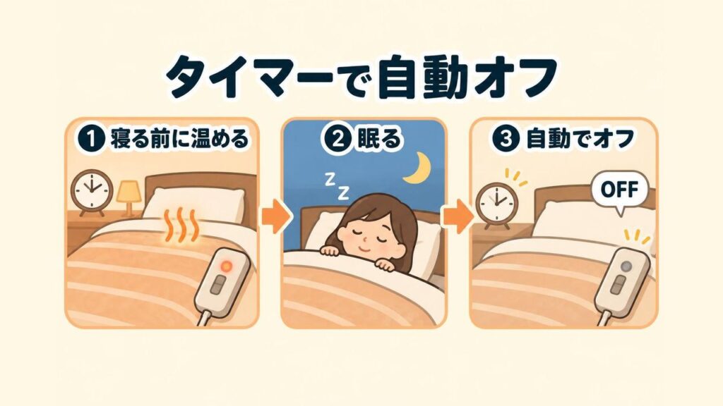 タイマー付き電気毛布のイメージイラスト。寝る前に布団を温め、眠ったあとにタイマーで電源が自動で切れる流れを、時計のアイコンと月のマークで表している