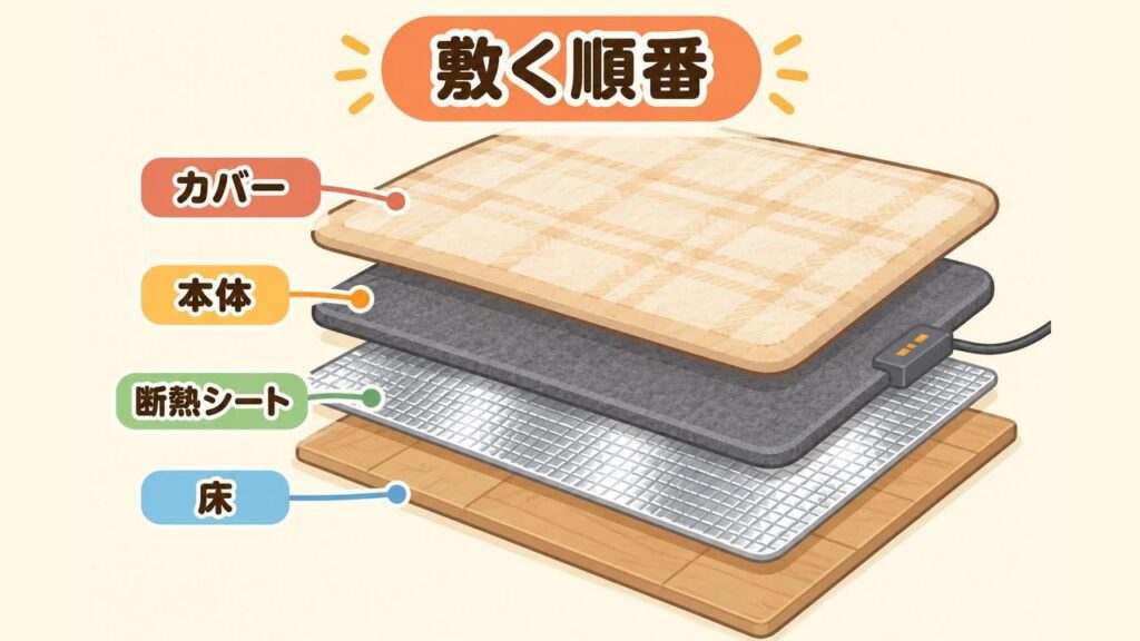 床の上に断熱シート、その上にホットカーペット本体、いちばん上にカバーを重ねる順番を、層を少しずつずらして描いたイラスト
