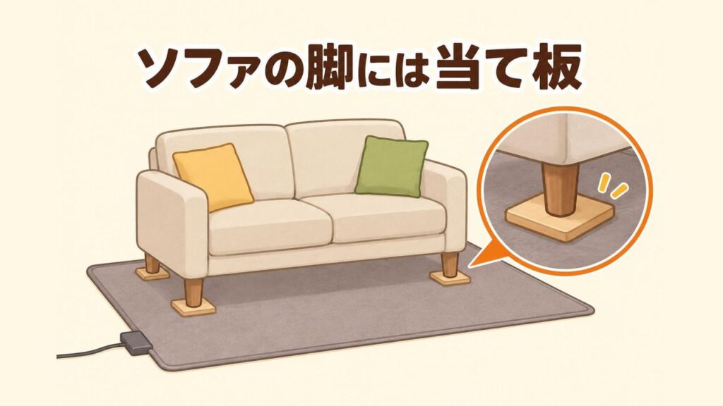 ホットカーペットの上に置いたソファの4本の脚それぞれの下に、四角い当て板を敷いている様子を描いたイラスト
