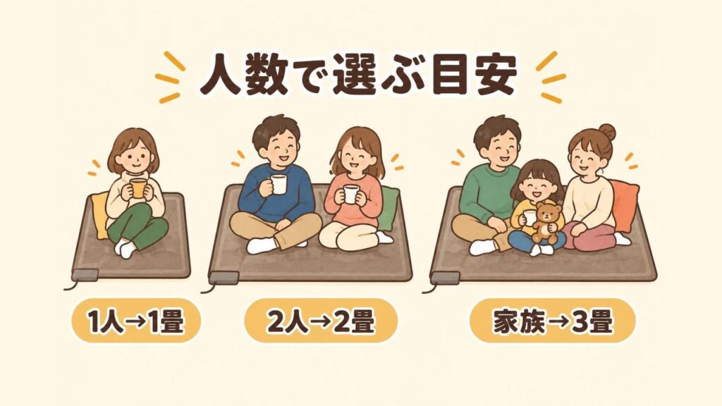 1人が1畳、2人が2畳、家族が3畳のホットカーペットに座ってくつろぐ様子を横に並べ、人数とサイズの目安を示したイラスト