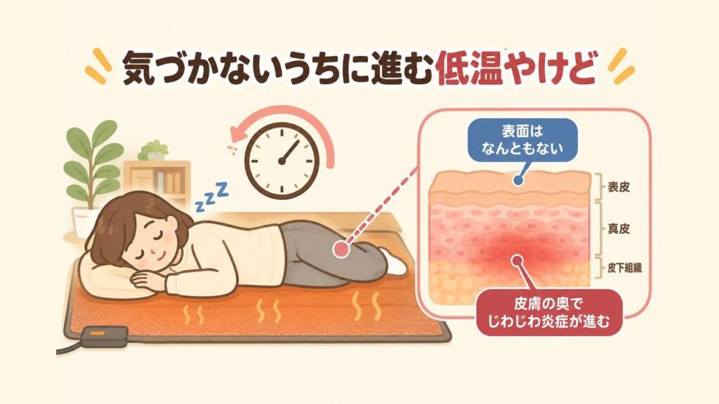 ホットカーペットの上で同じ姿勢のまま長時間座ったり寝転んだりしていると、熱く感じない温度でも皮膚の奥で低温やけどが進むことを表したイラスト