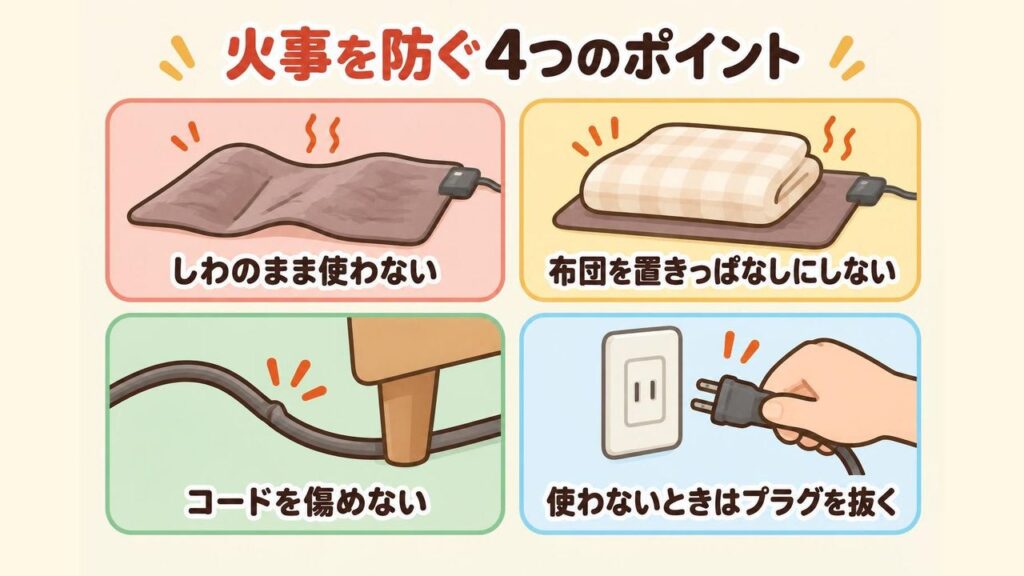 ホットカーペットをしわのまま使わない・上に布団や座布団を置きっぱなしにしない・コードを曲げたり引っ張ったりしない・使わないときはプラグを抜くなど、火事を防ぐポイントをまとめたイラスト