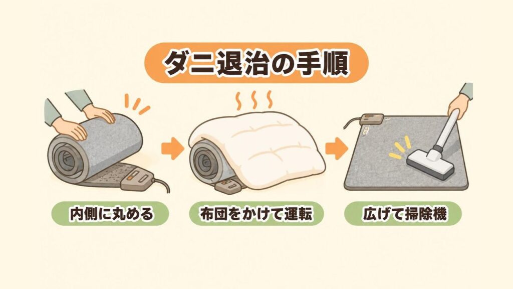 表面を内側にして丸めたホットカーペットを布団で包んでダニ退治の運転をし、終わったあと広げて掃除機をかける流れを示した画像