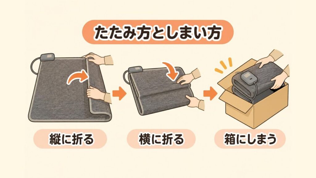 2畳のホットカーペットを縦に折ってから横に折り、コントローラーの位置を確かめながら小さくたたんで箱に入れる手順を示した画像