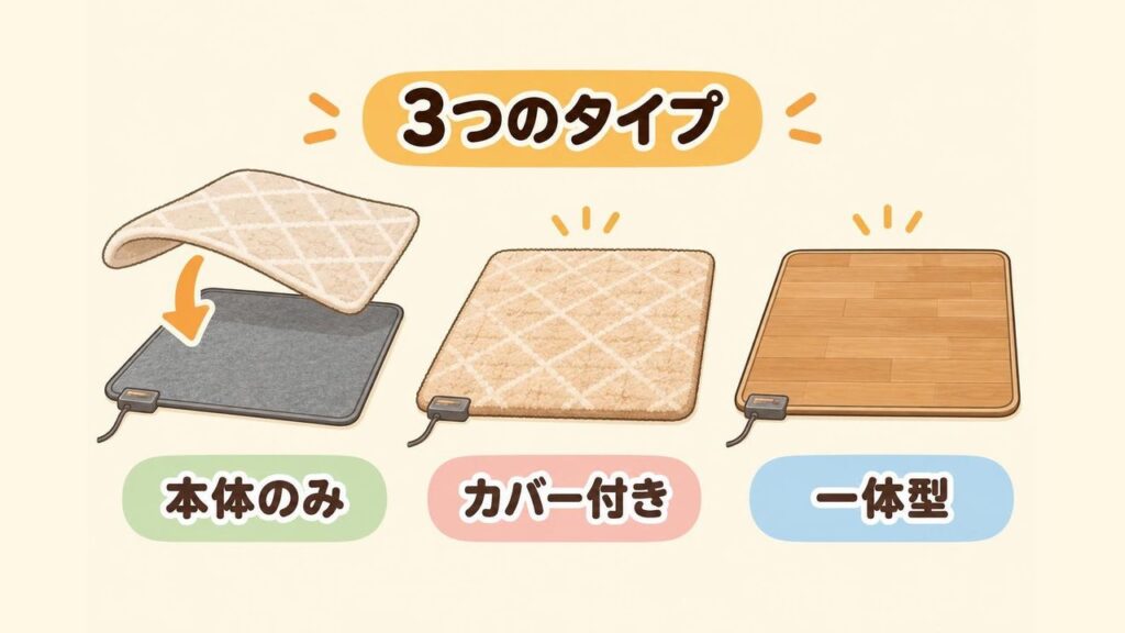 カバーを別に用意する本体のみのタイプ、ヒーターとカバーがセットになったタイプ、表面材と一体になったフローリング調タイプの3種類のホットカーペットを並べたイラスト