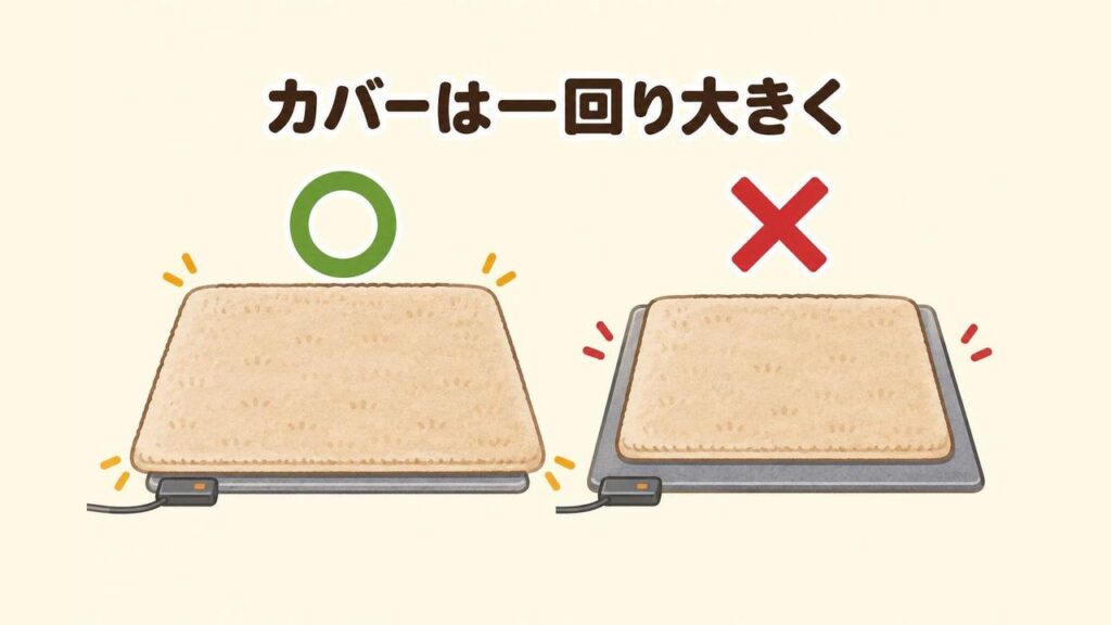ホットカーペット本体の上に、本体より一回り大きいカバーを重ねて四辺が少しはみ出している様子と、カバーが小さく本体の端が見えてしまっている様子を比べたイラスト