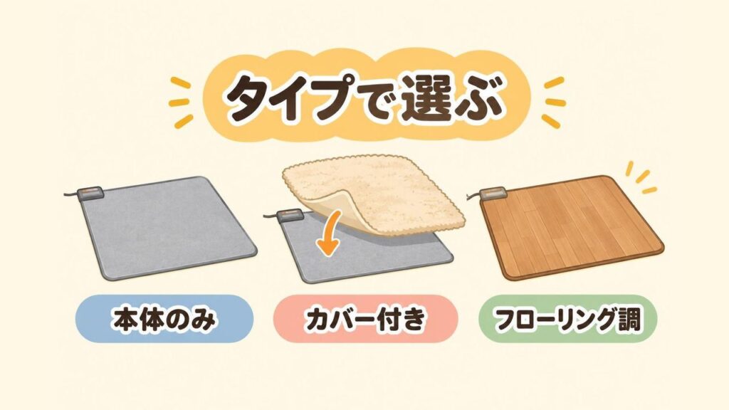 ホットカーペットの「本体のみ」と「カバー付き」の違いを示したイラスト。薄いヒーター本体だけの状態と、ヒーター本体の上にふかふかのカバーを重ねた状態を並べ、さらに表面と一体になった木目調のタイプを横に描いている