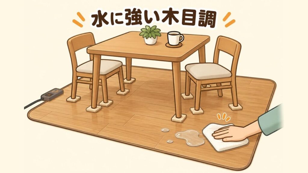 木目調のフローリング調ホットカーペットの上に、脚の下に当て板を敷いたダイニングテーブルと椅子を置き、こぼれた水滴をふきんで拭き取っている様子のイラスト