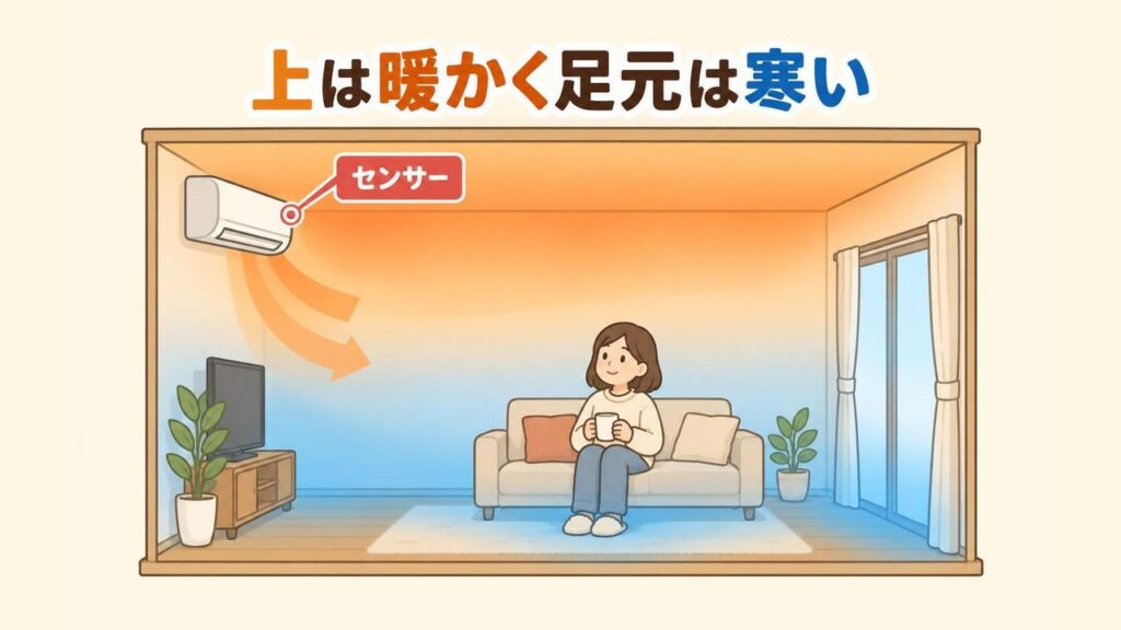 エアコン暖房中の部屋の断面イラスト。高い位置にある室内機の温度センサーのまわりと天井付近に暖かい空気がたまり、床や窓ぎわには冷たい空気が残っている様子を色の違いで表している