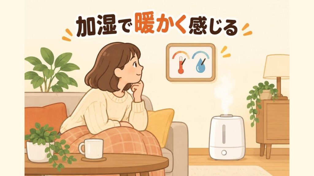 暖房中のリビングで加湿器を使い、壁の温湿度計を確認している様子のイラスト。乾燥した部屋より、適度に加湿した部屋のほうが同じ室温でも暖かく感じることを表している