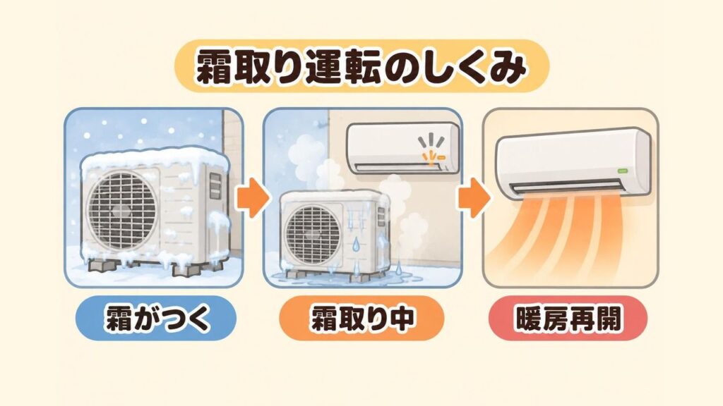 寒い日に屋外の室外機に霜がつき、霜を溶かしている間は室内機のランプが点滅して温風が止まり、終わると暖房が再開する流れを示したイラスト