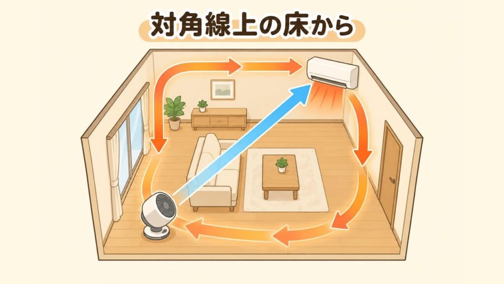 壁の上にあるエアコンの対角線上の床にサーキュレーターを置き、エアコンの吹き出し口に向けて斜め上に風を送り、天井の暖気が部屋をぐるりと回って足元へ降りてくる流れを矢印で示したイラスト