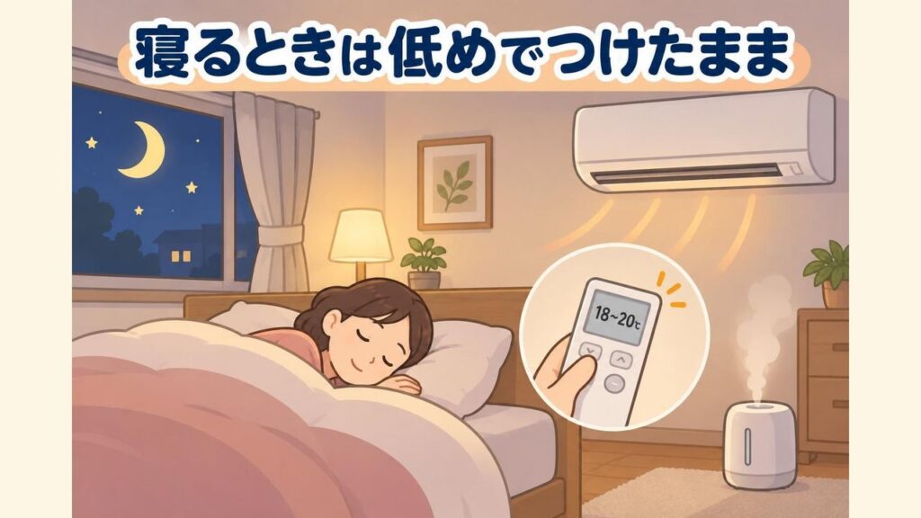 夜の寝室で、エアコン暖房を低めの設定温度でつけたまま眠り、加湿器で湿度を保っている様子のイラスト。夜中にトイレで起きても部屋が冷え切っていないことを表している