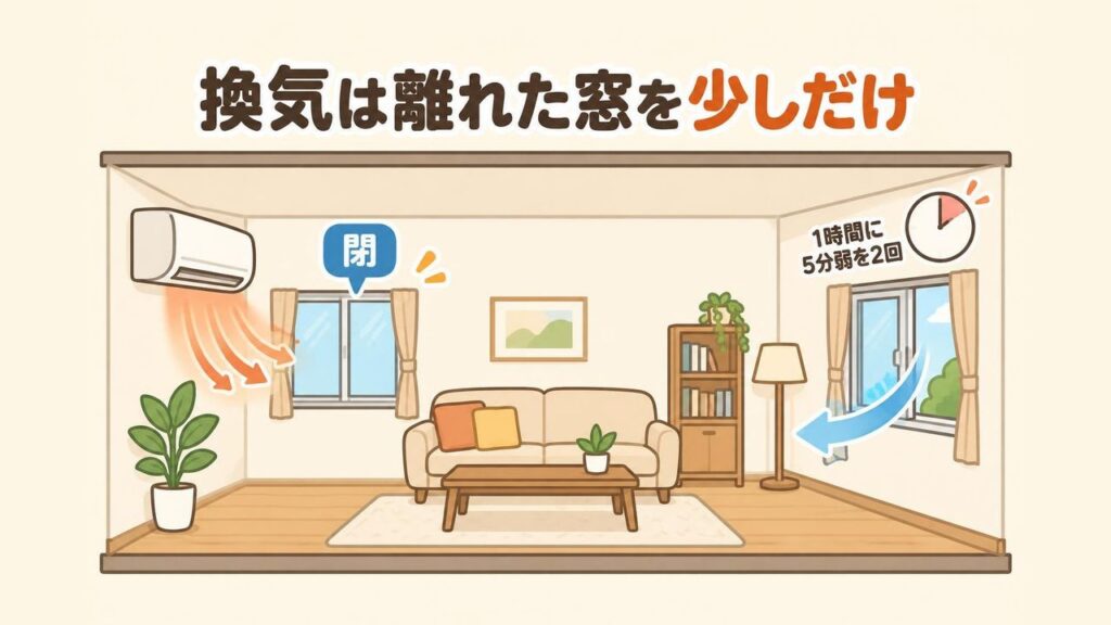エアコン暖房をつけたまま、エアコンから離れた窓を少しだけ短時間開けて換気している部屋のイラスト。エアコンのすぐ横の窓は閉めておく様子を表している