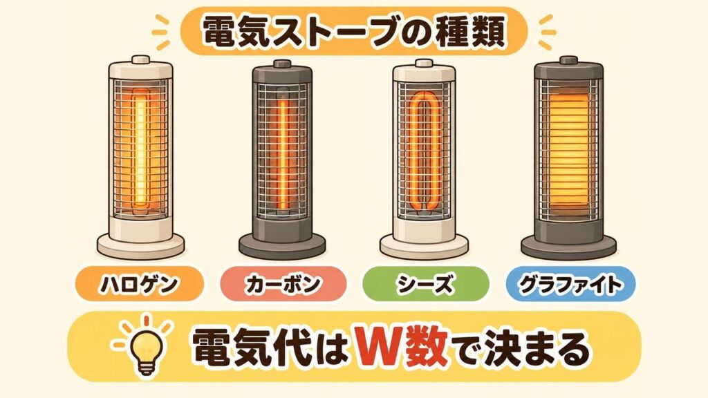 ハロゲン・カーボン・シーズ・グラファイトの4種類の電気ストーブを並べ、それぞれのヒーター管の見た目の違いと、前に座った人を正面から温める様子を示したイラスト