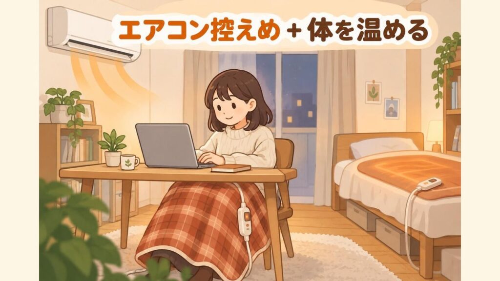 一人暮らしのワンルームで、エアコンで部屋を控えめに暖めながら、机に向かう人が電気ひざ掛けを使い、奥のベッドには電気毛布が敷いてある様子のイラスト