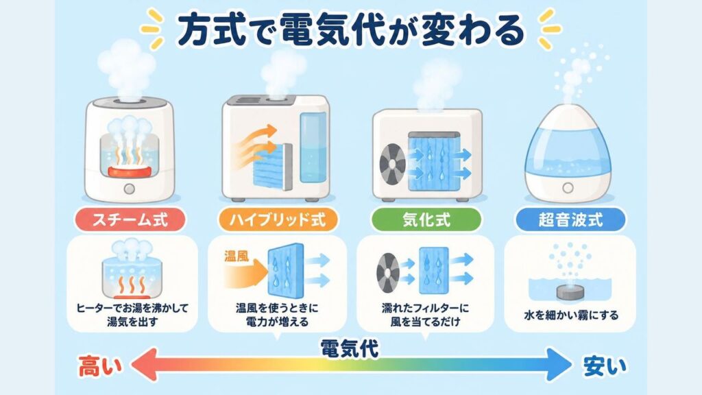 スチーム式・ハイブリッド式・気化式・超音波式の4種類の加湿器を横に並べ、スチーム式はヒーターでお湯を沸かして湯気を出し、気化式は濡れたフィルターに風を当て、超音波式は水を細かい霧にして出す仕組みの違いと、電気代の高い順を矢印で示したイラスト