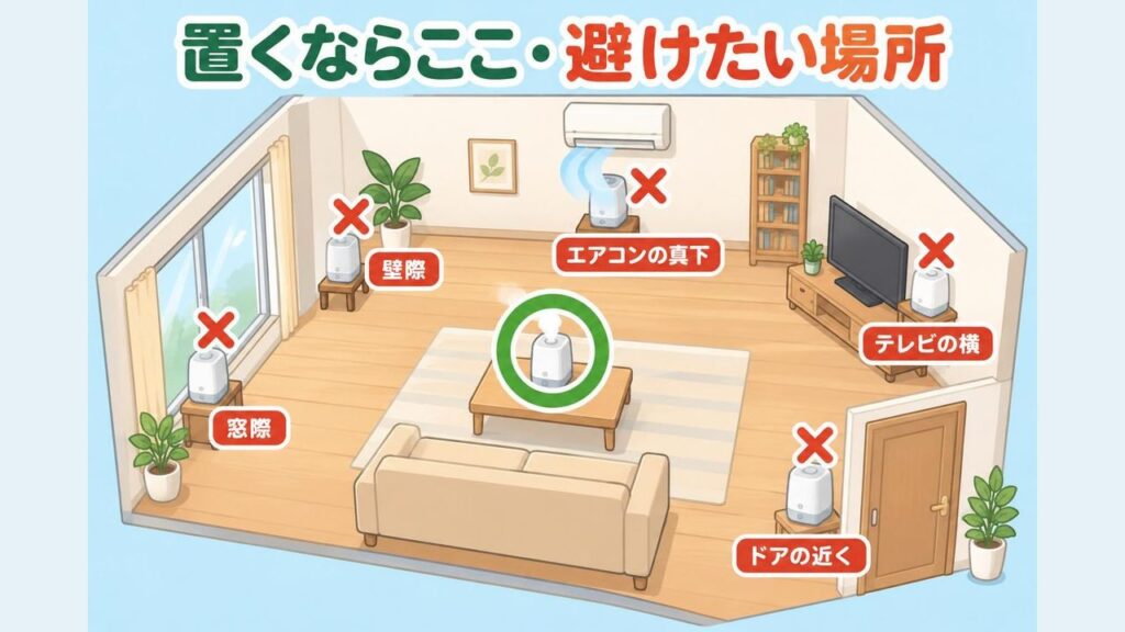 部屋の見取り図で、窓や壁から離れた部屋の中央寄りの低い台に置いた加湿器に丸印、窓際・壁際・テレビの横・エアコンの真下・ドアの近くに置いた加湿器にバツ印をつけて比べたイラスト