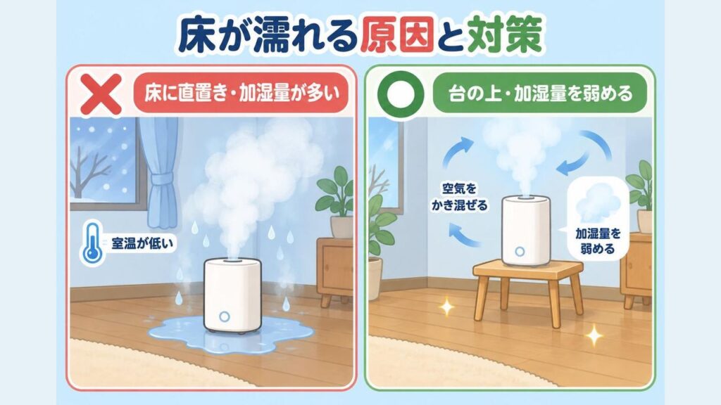 寒い部屋で床に直接置いた加湿器から出たミストが空気中に広がりきらずに落ちて床が濡れる様子と、台の上に置いて加湿量を弱めミストが部屋に広がる様子を左右に並べて比べたイラスト