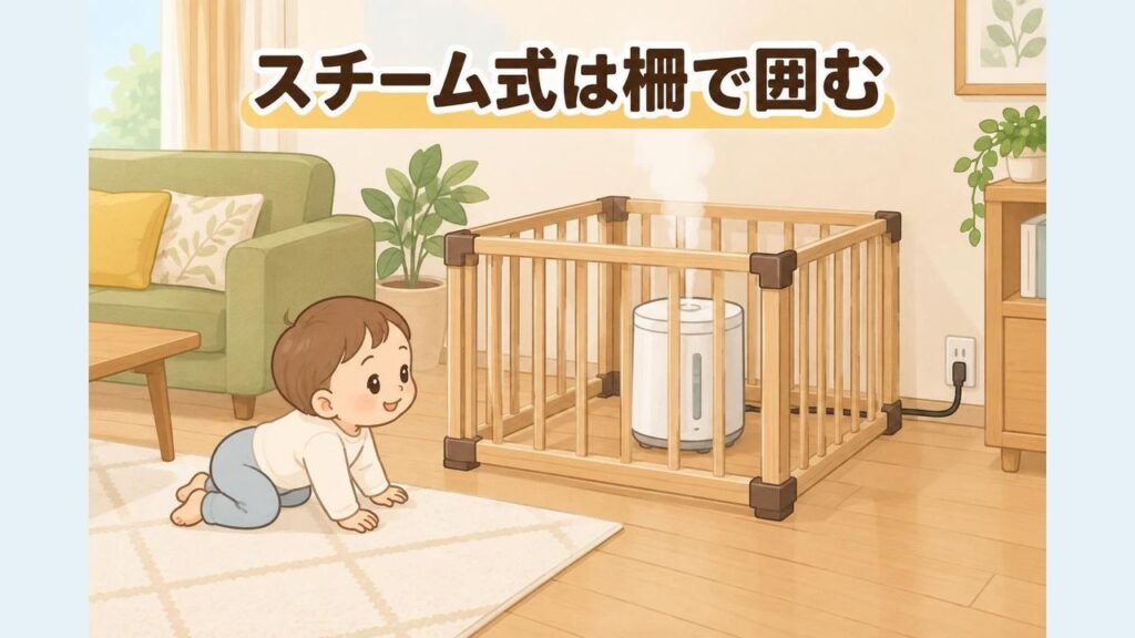 リビングの壁から離れた場所の床に置いたスチーム式加湿器をベビーゲートの柵で囲み、電源コードを壁沿いに這わせて、ハイハイする赤ちゃんが手を届かせられないようにしている様子のイラスト
