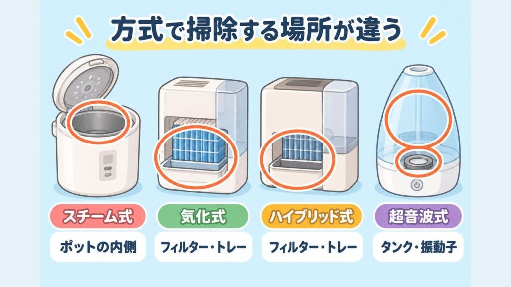 スチーム式は内側のポット、気化式とハイブリッド式は加湿フィルターとトレー、超音波式はタンクと底の振動子が主な掃除場所であることを、4つの加湿器を並べて示したイラスト