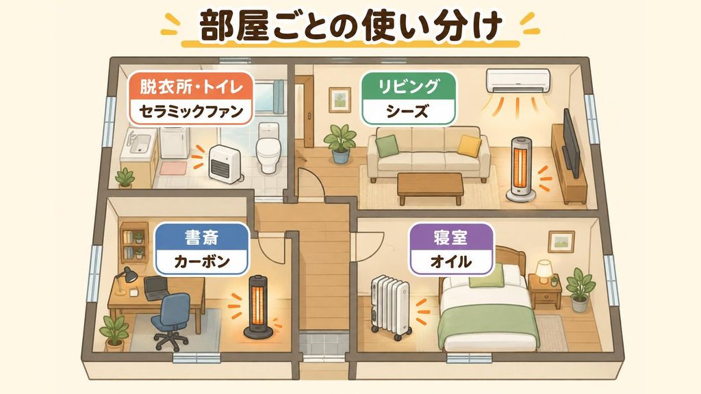 家の間取りイラストで、脱衣所とトイレには小型のセラミックファンヒーター、書斎の机の足元にはカーボンヒーター、リビングにはエアコンと遠赤外線のシーズヒーター、寝室にはオイルヒーターを置いて、場所ごとに電気ヒーターの種類を使い分けている様子