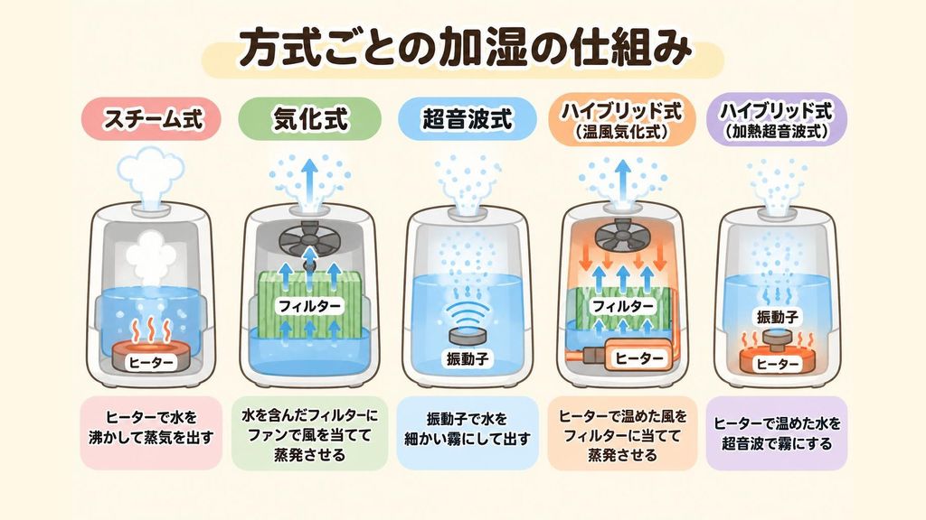 スチーム式はヒーターで水を沸かして蒸気を出す、気化式は水を含んだフィルターにファンで風を当てる、超音波式は振動子で水を細かい霧にして出す、ハイブリッド式は温風をフィルターに当てるタイプとヒーターで温めた水を霧にするタイプがある、という加湿器の方式ごとの仕組みの違いを横に並べて比べたイラスト